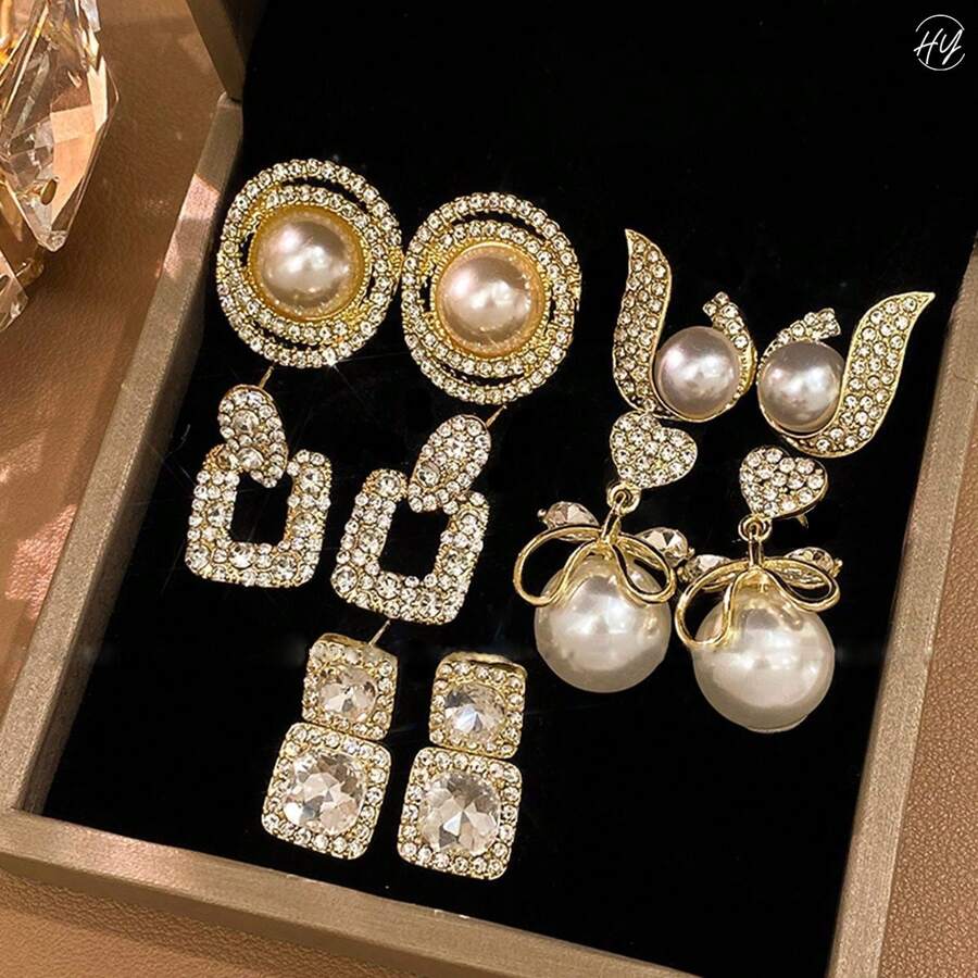 5pcs/Set Luxury Faux Pearl & Rhinestone Decor Earrings For Women, Vintage Stud Earrings With Unique Design, Suitable For Daily And Festival Wear - Multicolor - View 1