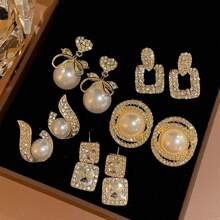 5pcs/Set Luxury Faux Pearl & Rhinestone Decor Earrings For Women, Vintage Stud Earrings With Unique Design, Suitable For Daily And Festival Wear - Multicolor - View 2