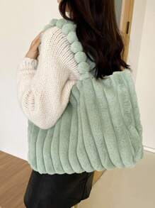 1只綠色絨布條紋設計手提包,大容量和毛茸茸的球,適合女性日常使用 - 綠色 - 查看 5