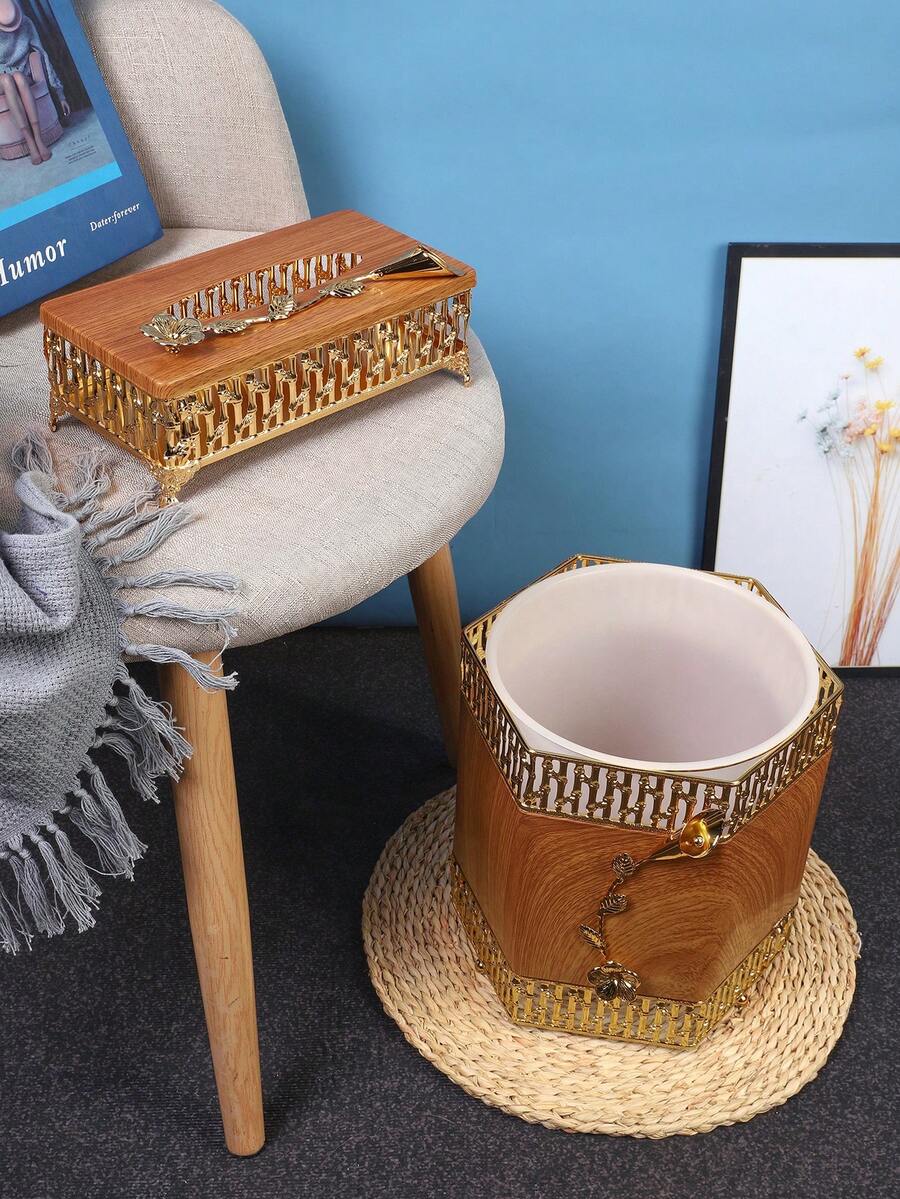 Wooden Grain Luxurious Garbage Can & Tissue Box Set - Brown - View 1