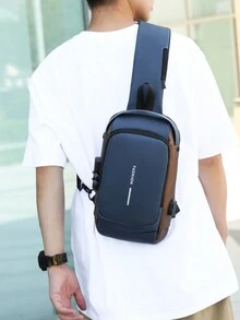 男士斜背包腰包胸包,聚酯纖維極簡商務休閒禮物,送給丈夫父親的禮物,男人的情人節禮物 - 藍色 - 查看 4