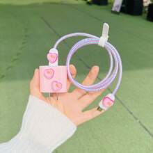 5pcs Pink Bow Tie & Heart Design Charger Head Protector And 1.4m Data Cable Protector, Compatible With Apple 20w Fast Charging Data Cable And Any 1.4m Long Data Cable, Cute Data Cable Protector - Pink - View 2