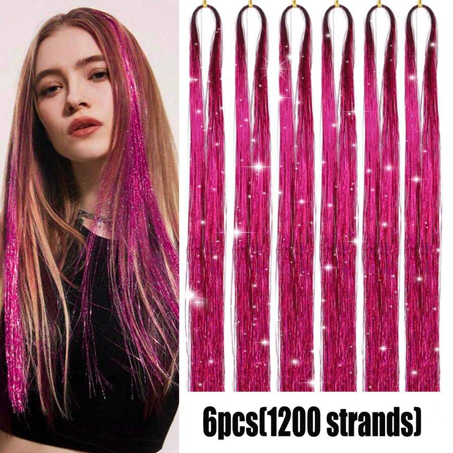 6入組（1200股）玫瑰紅閃爍燙燙棉絲,具有耐高溫特性,多色顏色36/48英寸閃爍童話髮飾,非常適合聖誕新年萬聖節或角色扮演派對,是女性和女孩的髮飾好幫手 - 玫紅色 - 查看 1