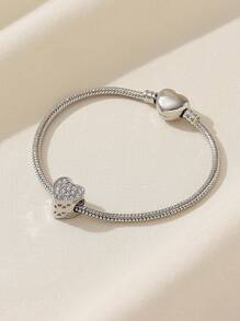 1pc Elegant Luxury Rhinestone-Encrusted Heart Clasp Copper Bracelet - Perfect For Daily Wear, Valentine's Day Gift, Birthday Gift Valentines,Mom,Mother,Mother's Day,Gift - Silver - View 1