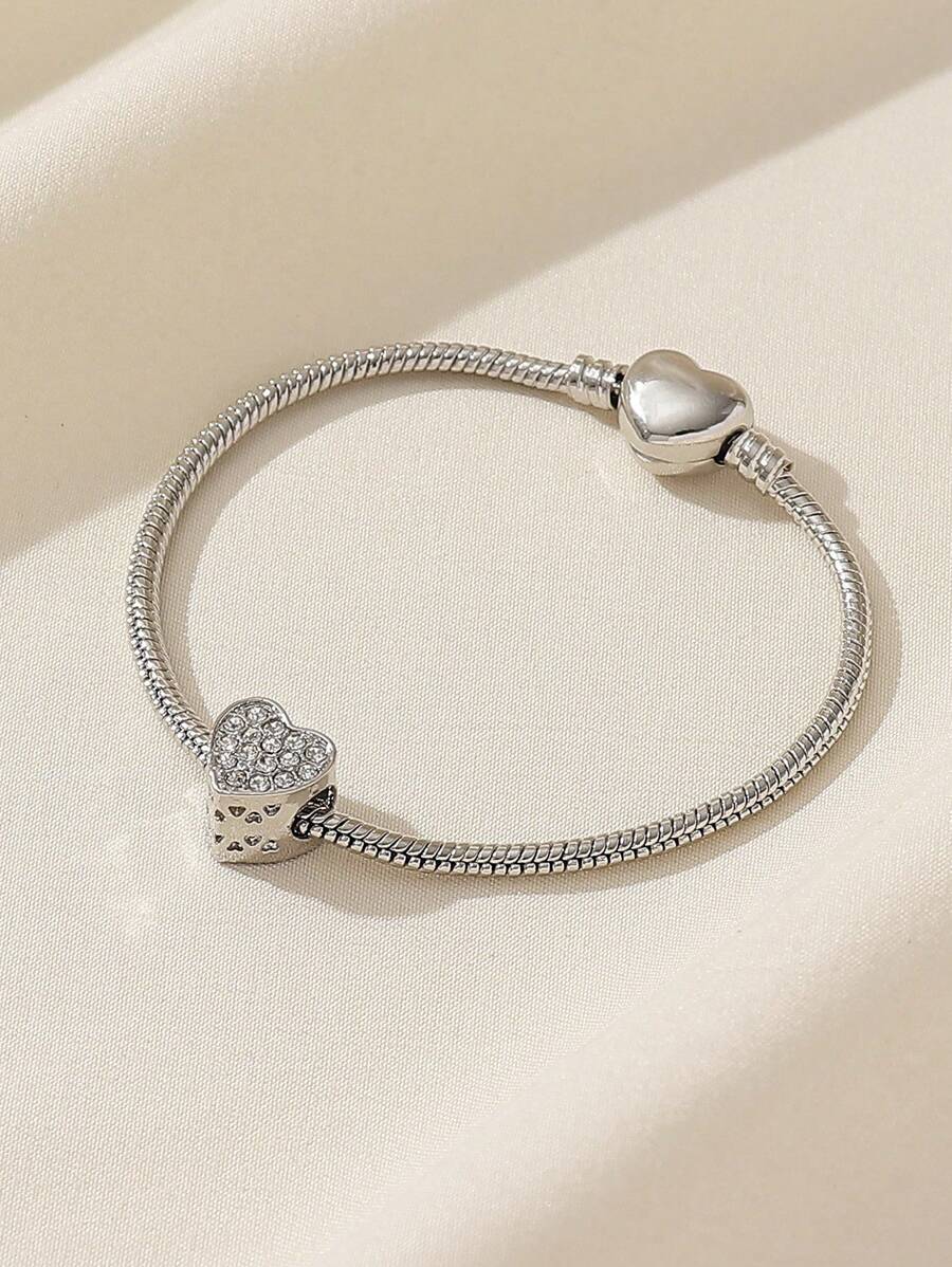 1pc Elegant Luxury Rhinestone-Encrusted Heart Clasp Copper Bracelet - Perfect For Daily Wear, Valentine's Day Gift, Birthday Gift Valentines,Mom,Mother,Mother's Day,Gift - Silver - View 1