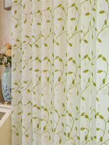 1 Panel Rustic Style Sheer Curtain Rod Pocket Top Green Leaves Embroidery Sheer Curtain For Living Room Bedroom Studying Room - màu xanh lá - Xem 7