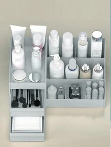 1個桌面收納盒化妝品組織器文具收納架帶抽屜隔板型式,適用於香水面膜美容刷筆文具校正液眼鏡電腦用品浴室櫥櫃桌子電腦桌梳妝台 - 灰色 - 查看 2