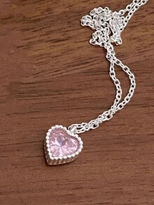 1入甜美百搭設計輕盈高級感ins風格s925純銀心形鋯石項鍊女色彩繽紛鋯石鎖骨鏈女性日常穿搭和配飾禮物 - 銀色 - 查看 5