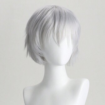 Fashionable Silver 10-Inch Short Straight Synthetic Fiber Wig With Oblique Bangs Suitable For Anime Cosplay, For Men