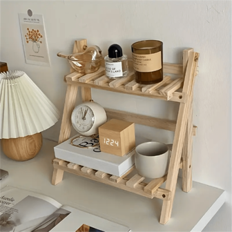 A Handmade Log Folding Simple And Fashionable Desk Storage Rack, Trapezoidal Desktop Display Rack, Double-Layer Fixed Storage Rack With Horizontal Bars, Bedroom Bedside Rack, Dresser Storage Rack, Suitable For Study, Bedroom, Dormitory, Cafe Kitchen.