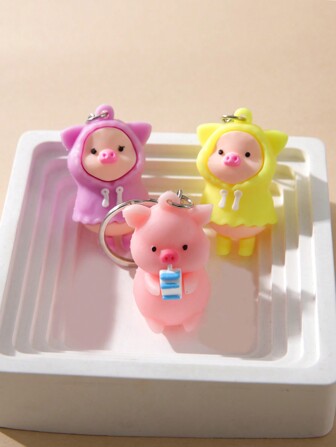 3pcs Creative Raincoat Pig Doll Shaped Keychain Set For Women, Cute Pig Doll Pendant, Small Gift