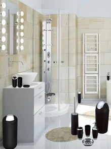 6pcs Simple Bathroom Accessory Set, Includes Trash Can, Toilet Brush,Lotion Dispenser, Soap Dish, Mouthwash Cup And Toothbrush HolderSuitable For Bathroom Decoration, Housewarming Gift Set - Black - View 1