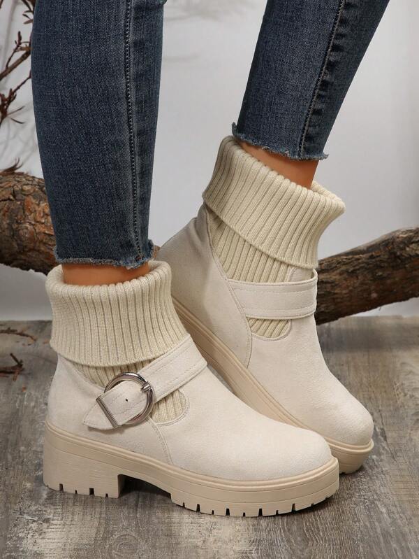 Women's Boots With Thick Soles, Chunky High Heels, Knitted Short Boots And Elastic Cuffs For Fall And Winter