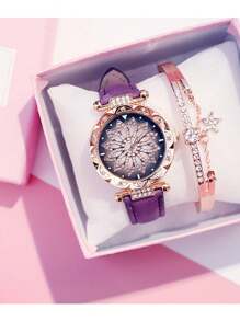 Đồng hồ nữ Starry Sky Lucky Time, Dây da Đồng hồ đeo tay thời trang thạch anh Quà tặng - Màu tím - Xem 5