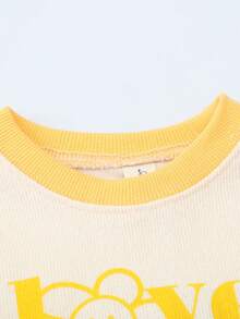 女孩拼色卡通字母印花上衣純色長褲 2 件/套 - 黃色 - 查看 3