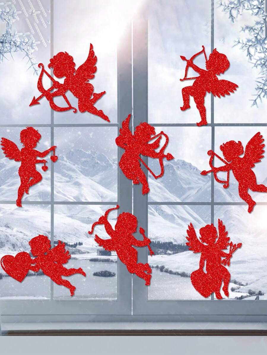 丘比特情人節窗貼裝飾貼紙,附有8張卡片形狀貼紙和膠點 - 紅色 - 查看 1