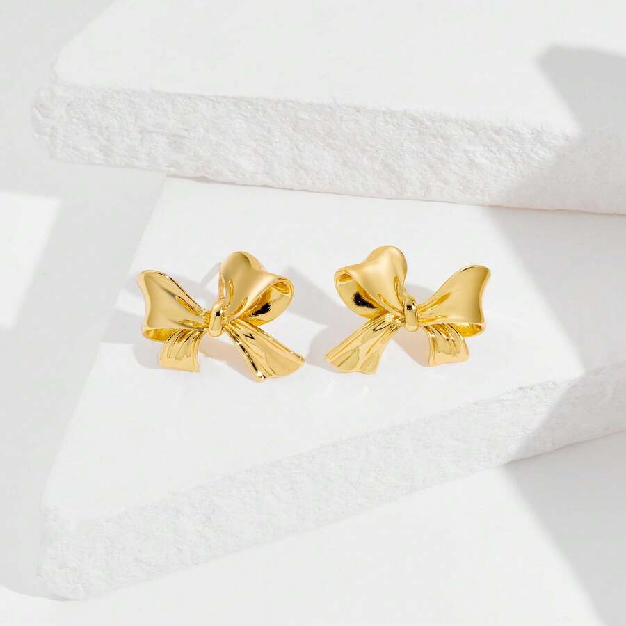 Gold And Silver Bow Earrings, Women's Satin Earrings, Earrings, Gift Gifts - Gold - View 1