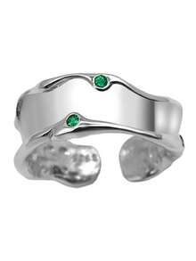 An S925 Sterling Silver Asymmetrical Niche Design Lava Dark Bouncy Adjustable Opening Personalized Ring - Silver - View 7