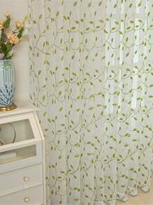 1 Panel Rustic Style Sheer Curtain Rod Pocket Top Green Leaves Embroidery Sheer Curtain For Living Room Bedroom Studying Room - màu xanh lá - Xem 5
