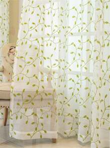 1 Panel Rustic Style Sheer Curtain Rod Pocket Top Green Leaves Embroidery Sheer Curtain For Living Room Bedroom Studying Room - màu xanh lá - Xem 2
