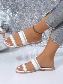 2024女式平底涼鞋,鑲有鑽石的軟底開趾鞋,適合在家和戶外穿著,夏季必備 - 白色 - 查看 6