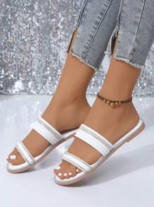 2024女式平底涼鞋,鑲有鑽石的軟底開趾鞋,適合在家和戶外穿著,夏季必備 - 白色 - 查看 7