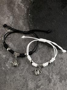 2入組簡約時尚星形和心型吊墜情侶黑白編織手鍊 - 星星愛心 - 查看 1