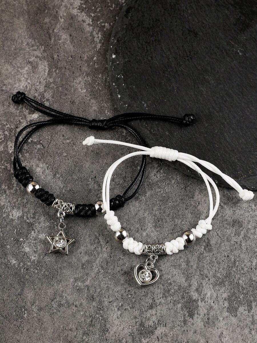 2入組簡約時尚星形和心型吊墜情侶黑白編織手鍊 - 星星愛心 - 查看 1