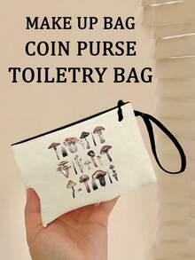 1個蘑菇和植物印花女士化妝工具收納包,學生文具袋,出行用的包或手機包 - 米色 - 查看 2