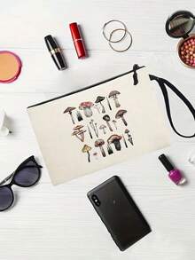 1個蘑菇和植物印花女士化妝工具收納包,學生文具袋,出行用的包或手機包 - 米色 - 查看 3