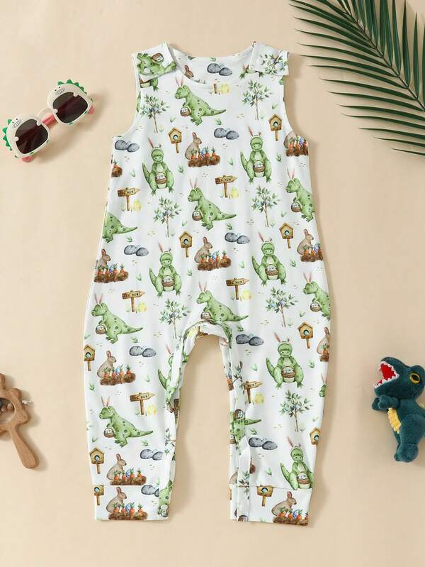 Schattige Zonder mouwen Pasen Dinosaurus & Konijnprint Romper Voor Babymeisjes