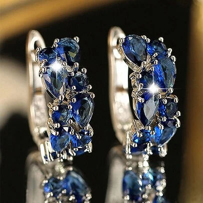 1 Par De Aretes Elegantes Redondas Y De Moda Decoradas Con Cúbico En Blanco Y Azul, Joyería De Fiesta De Lujo Para Mujeres