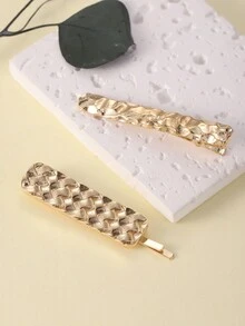 2pcs Metal Textured Hair Claws With Rectangle And Stripe & Straight Edges - Gold - View 2