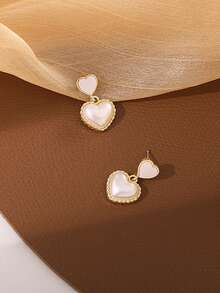 2pcs Simple & Elegant & Upscale Pearl Heart Shape Earrings Suitable For Girls' Daily Wear; Valentine'S Day Gift - Silver - View 6