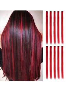 Extensões de Cabelo Coloridas com Presilha Reta, Destaque para Festa em Vermelho, Rosa, Laranja, Roxo, Azul, Verde, Cinza Escuro, com 22 Polegadas, Mechas Sintéticas com Presilha Reta para Cabelo de Meninas e Mulheres, Usado em Dias Comuns, Férias, Ano Novo, Presentes, 10 Peças/Pacote - Vermelho - Visão 1