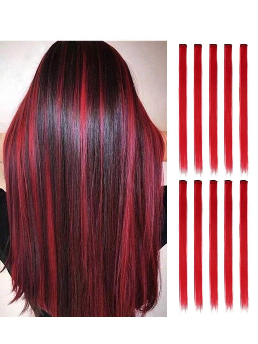 Extensões de Cabelo Coloridas com Presilha Reta, Destaque para Festa em Vermelho, Rosa, Laranja, Roxo, Azul, Verde, Cinza Escuro, com 22 Polegadas, Mechas Sintéticas com Presilha Reta para Cabelo de Meninas e Mulheres, Usado em Dias Comuns, Férias, Ano Novo, Presentes, 10 Peças/Pacote - Vermelho - Visão 1