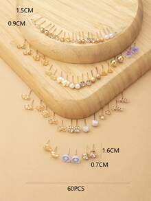 1 Card/30pairs European And American Fashionable Vintage Simple All-Match High-End Feeling Metallic Alloy Butterfly, Flower, Heart With Rhinestone Inlaid Asymmetric Geometric Earring Set, Suitable For Valentine's Day Gifts For Girlfriend - Multicolor - View 3