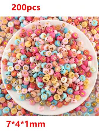 200 piezas de 4x7mm Cuentas de letras pequeñas de acrílico Cuentas de letras redondas de acrílico colorido con letras doradas del alfabeto para hacer joyas Cuentas del alfabeto Verano, Escuela