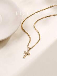 FICCINO 男士钛钢镀金圣经十字架吊坠项链，钛钢侧链，复古个性日常佩戴，附赠礼盒 - 945n - 查看 2