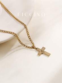 FICCINO 男士钛钢镀金圣经十字架吊坠项链，钛钢侧链，复古个性日常佩戴，附赠礼盒 - 945n - 查看 4