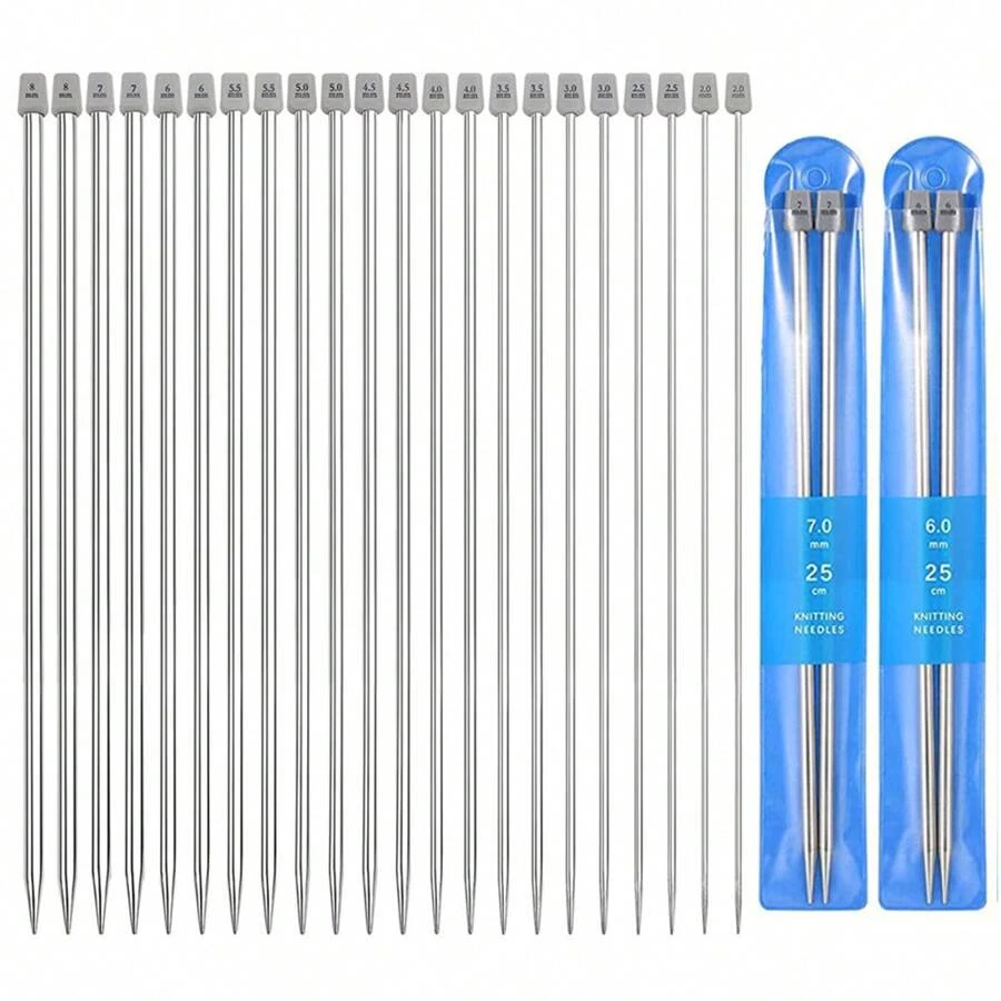 22PCS 25CM Stainless Steel Knitting Needles Sets 2-8mm Single Pointed Sweater Needles Set Knitting Kit For DIY Sewing Accessories - Silver - View 1