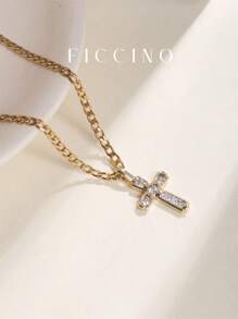 FICCINO FICCINO Colier clasic pentru bărbați, vintage, placat cu aur, pandantiv cu cruce CZ, colier cu lanț din oțel titan, neutru și elegant pentru purtarea de zi cu zi, vine cu cutie