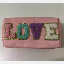 愛心信件刺繡方形化妝包/化妝袋/拉鍊袋,適合儲存小物品 - 粉色 - 查看 2