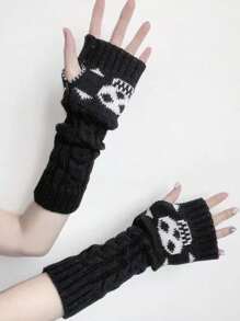 1雙黑白色針織無指手套套配襪,冬季保暖通用臂套 - 黑色 - 查看 1