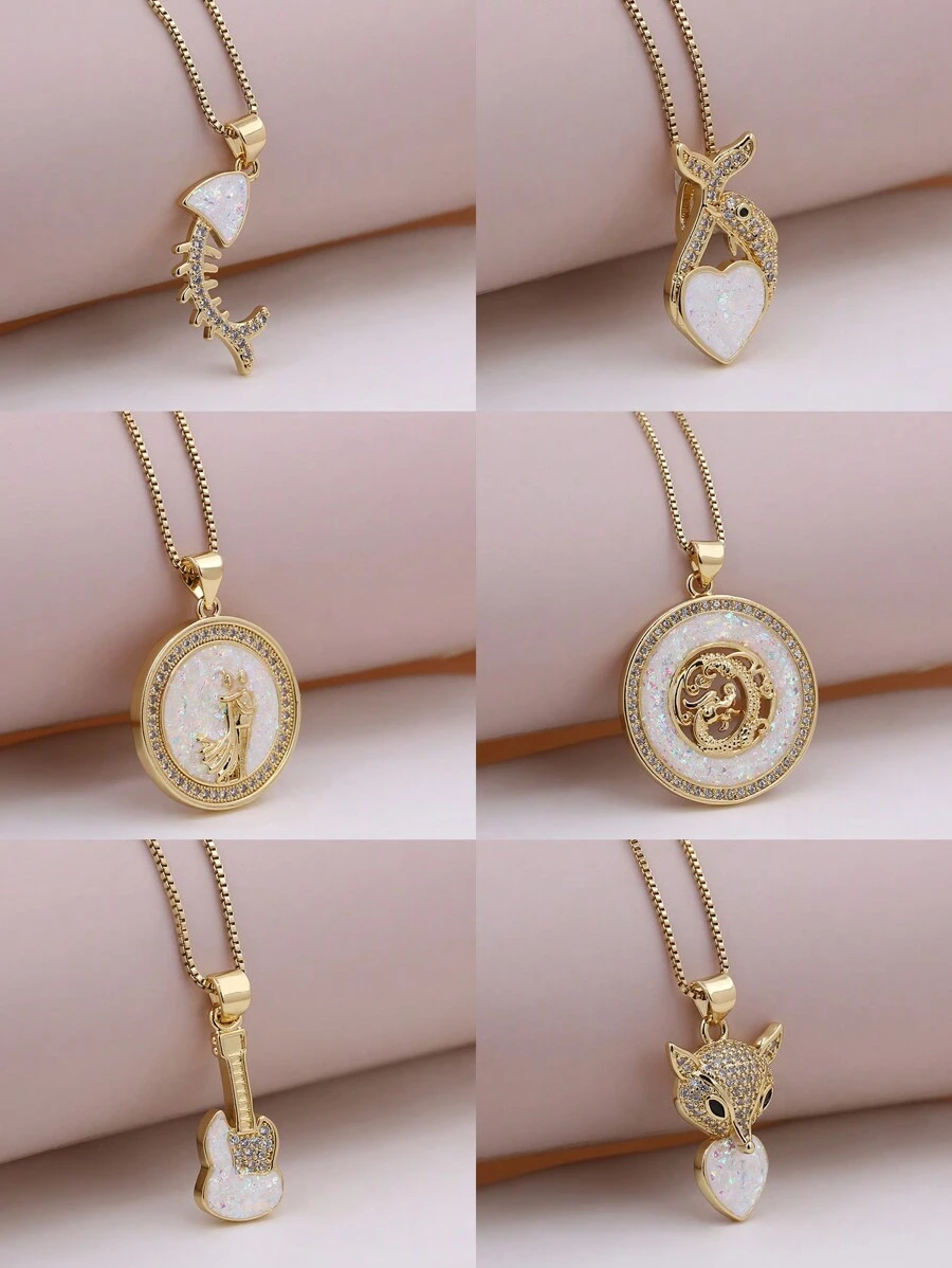 1條45cm豪華多用途立體氧化鋯白色閃閃發光的鯨魚狐狸頭小吉他魚骨吊墜項鍊女性時尚魅力珠寶 - 白色 - 查看 1