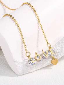 1 Piece Love Letter Pendant Necklace Heart Shaped Tassel Inlaid With Shiny Jewelry Valentine's Day Gift For Girlfriend - Gold - View 1