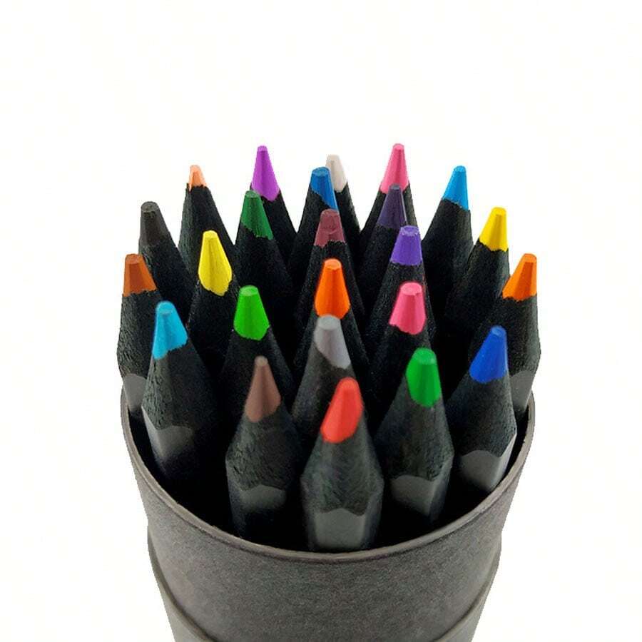 12pcs/Set Black Wood Colored Pencils In Round Container, Black Wooden