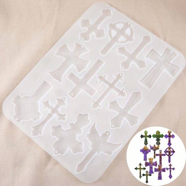1pc 12-Styles Multi-Size Crosses Silicone Mold, DIY Silicone Crystal Epoxy Resin Mold For Necklace, Earring, Keychain, Sweater Chain, Pendant Handcraft