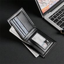 男士短款钱包带证件照窗口卡夹男士情人节礼物，多卡位钱包，男士商务钱包，短款双折钱包，学生钞票钱包，时尚耐磨皮革防水耐用信用卡银行卡夹钱夹包 - 黑色 - 查看 2