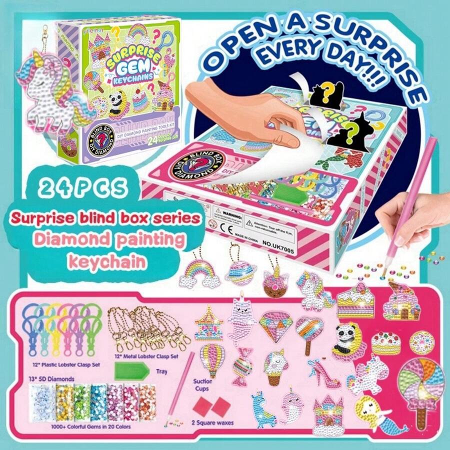 24pcs/Set Cartoon Keychain Blind Box Set, Diy Diamond Painting Pendant, Cartoon Keychain, 5d Rhinestone Keychain Accessory, Handmade Gift For Friends - Unicorn Blind Box Set - View 1